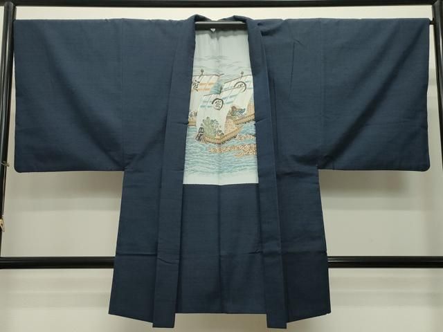 平和屋着物○男性 紬 アンサンブル 濃紺地 正絹 逸品 CAAT0563dy