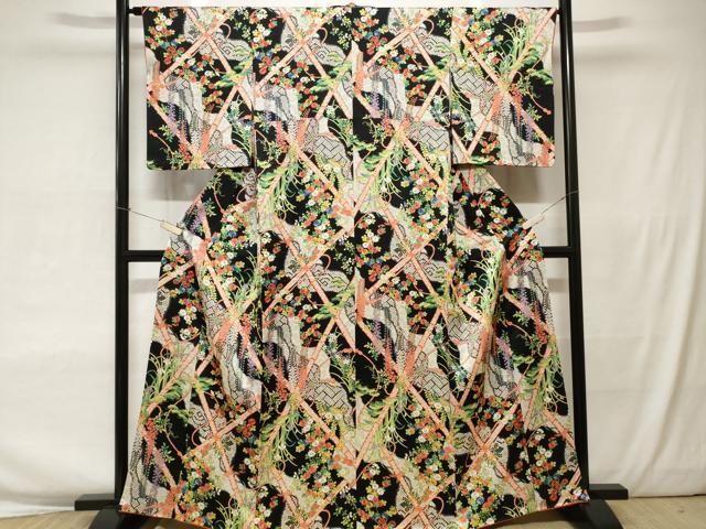 平和屋着物○極上 小紋 草花文 黒地 金彩 正絹 逸品 未使用 AAAW4057np