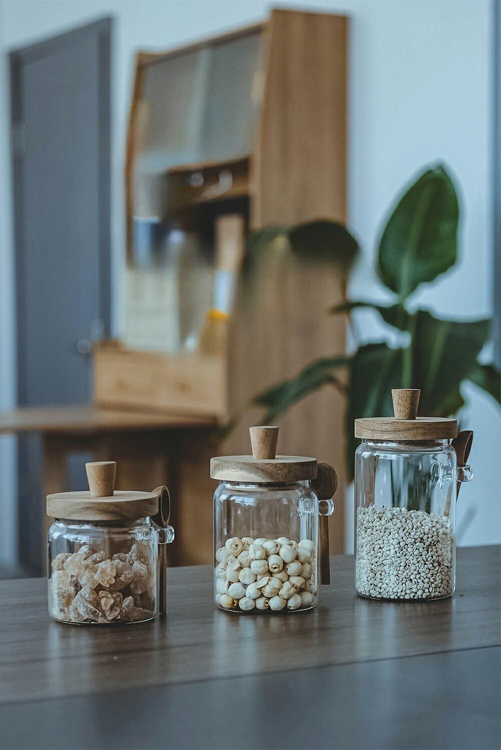 スプーン付き】 3点セット 天然木 ガラスキャニスター 珈琲