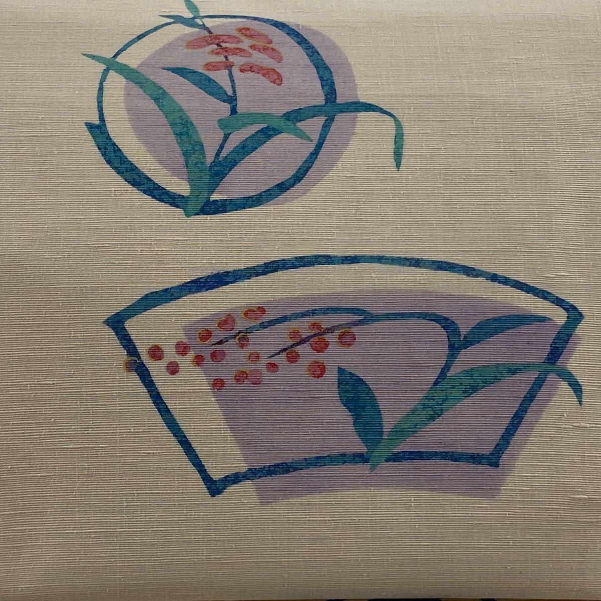 名古屋帯 秀品 落款 扇面 葉と実 銀糸 金彩 薄ピンク 正絹