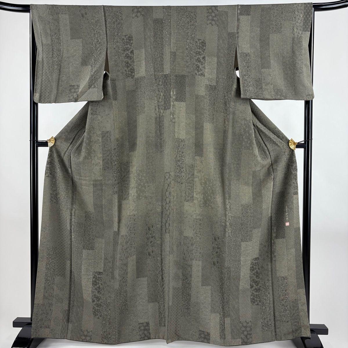 江戸小紋 身丈164.5cm 裄丈65.5cm M 袷 砂川健一 落款 寄せ柄 短冊 灰緑 正絹