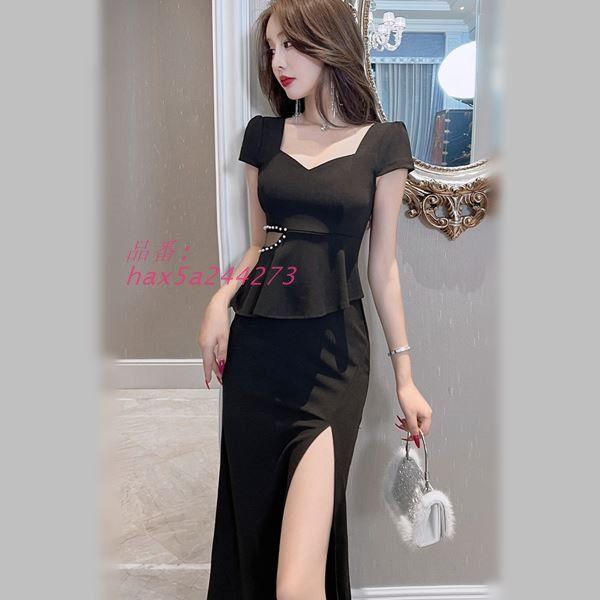 大きいサイズ ウエストビジュ＆ペプラムデザイン前スリット入りセクシーロングドレス