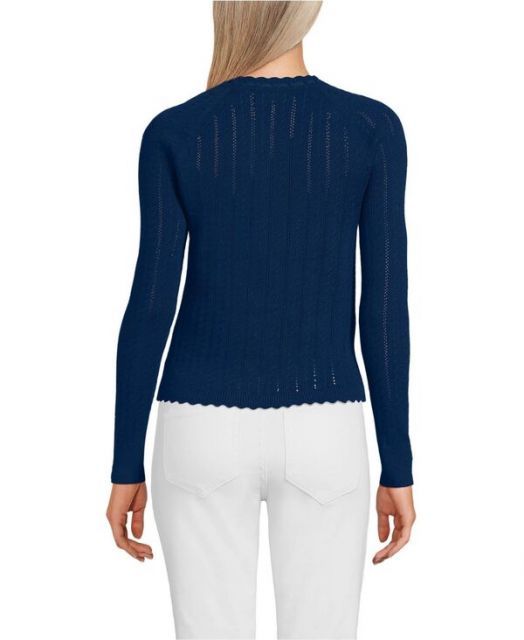 ランズエンド レディース ニット セーター アウター Women s Cotton Pointelle Satin Trim Cardigan Sweater Deep sea navy