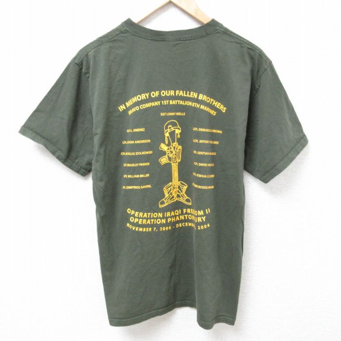 L/古着 半袖 ビンテージ Tシャツ メンズ 00s BEOWULF オペレーションイラキフリーダム コットン クルーネック 濃緑 グリーン 24mar11 中古