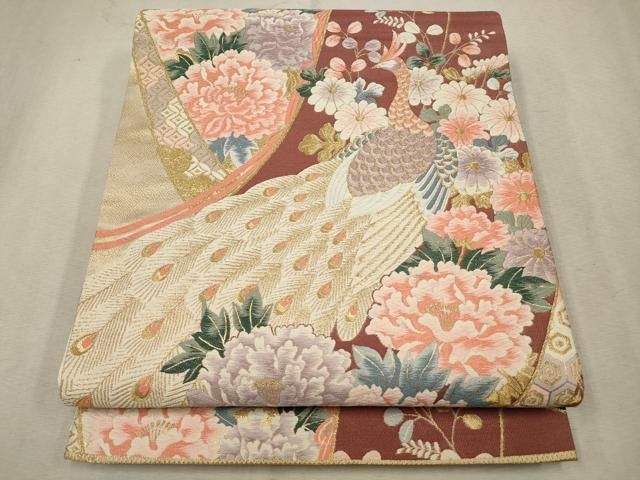彩華鳳寿紋　孔雀袋帯 平和屋着物◎六通柄袋帯 唐織 孔雀花文 銀糸 正絹 逸品
