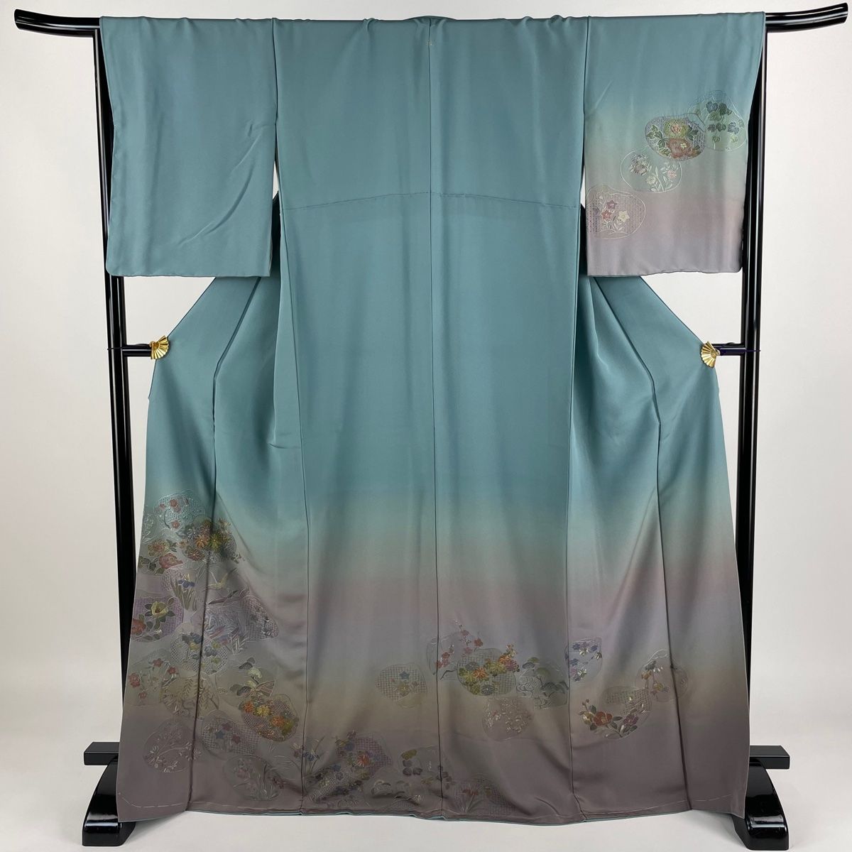 訪問着 身丈169cm 裄丈67cm M 袷 草花 鳥 金糸 刺繍 灰緑 正絹 美品  