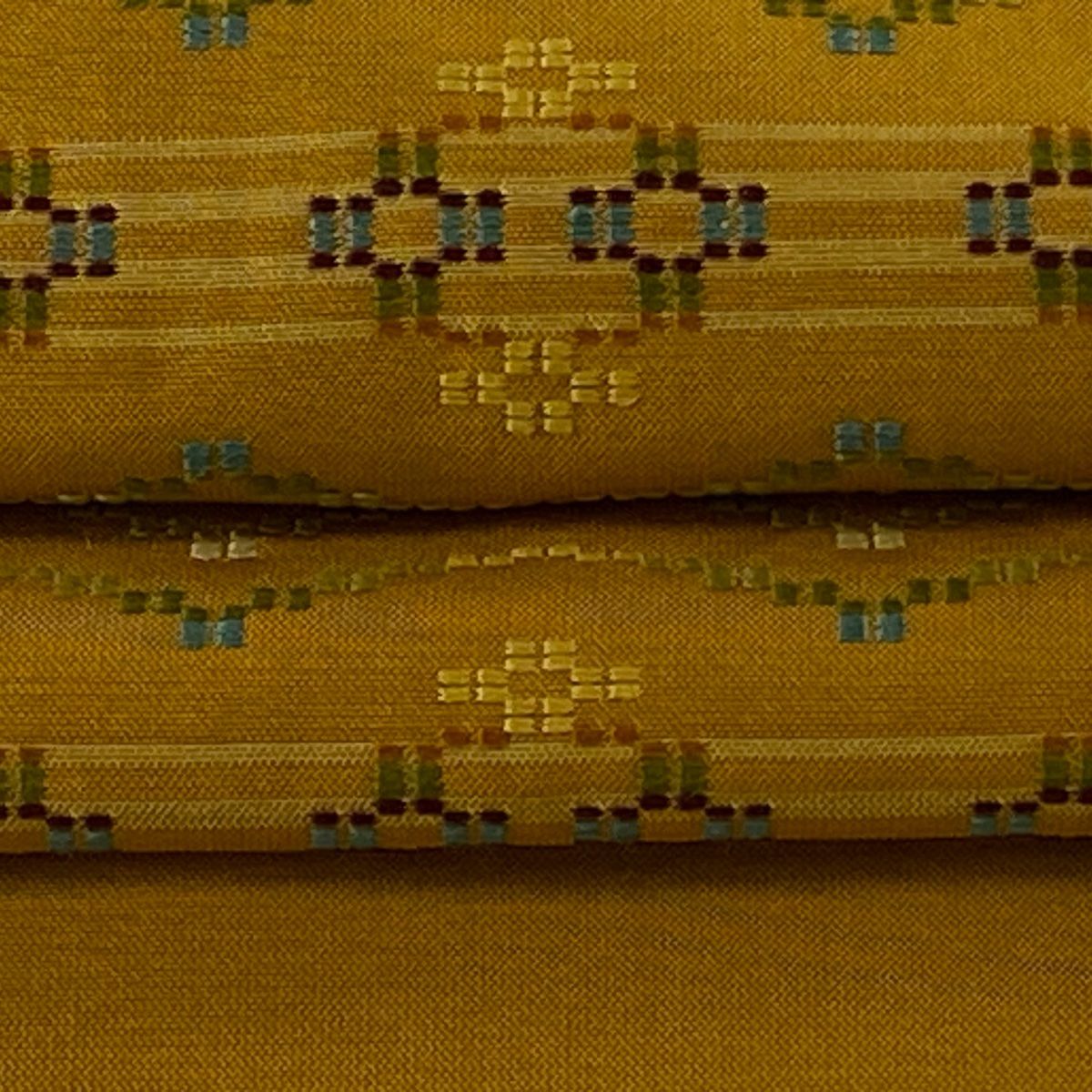 名古屋帯 美品 逸品 幾何学 縞 花織 山吹茶色 正絹 【中古