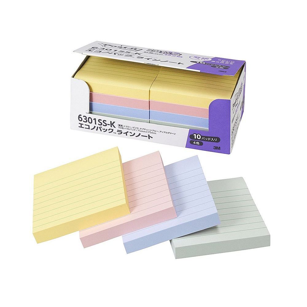 （まとめ買い）スリーエム ポストイット 強粘着ノート 罫線入り パステルカラー混色 エコノパック 75×75mm 90枚×10個 6301SS-K 【×3セット】