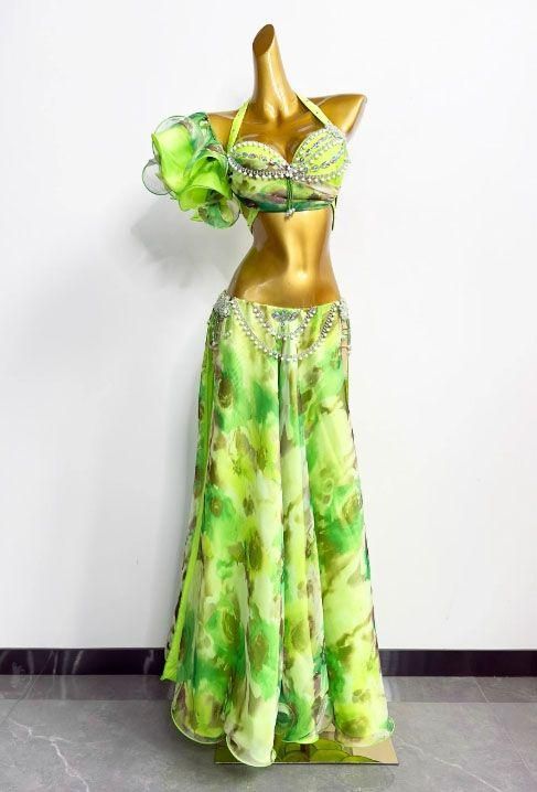 ベリーダンス衣装 トップスブラ スカート グリーン オーダーメイド