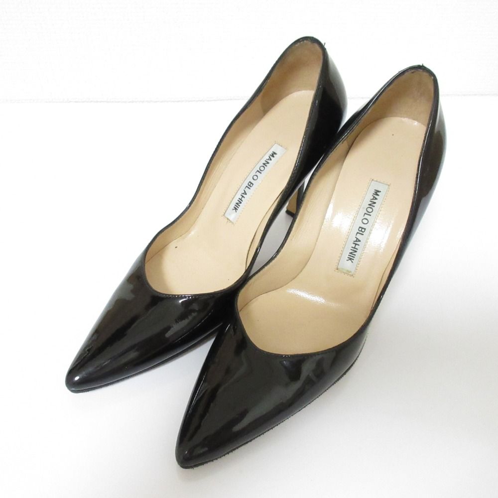 マノロブラニク パンプス 黒 レザー ポインテッドトゥ 25cm 良品 MANOLO BLAHNIK マノロブラニク パテントレザー ポイン