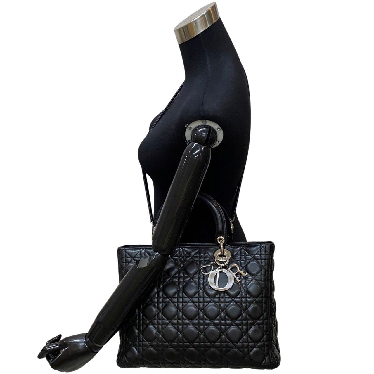 極 美品 袋付 Christian Dior レディディオール カナージュ レザー 本革 2way ハンドバッグ ショルダーバッグ ブラック 黒 23217