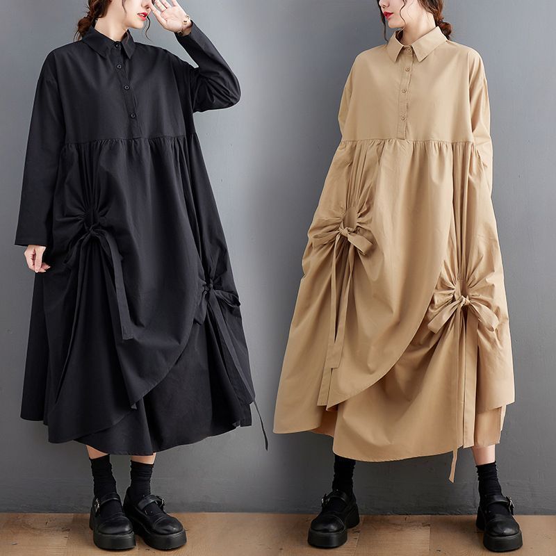 シャツワンピース レディース ロングワンピース マキシワンピース 長袖 リボン ロング丈 Aライン せ ゆったり 体型カバー 春 秋 冬 通勤 OL 20代 30代 40代 50代 きれいめ 無地 xkmilyx131 DZ20