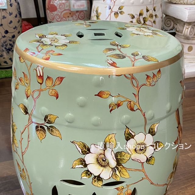 ☆秋のお買得セール中!☆ 陶器製 シノワズリスツール 高さ44cm 花台