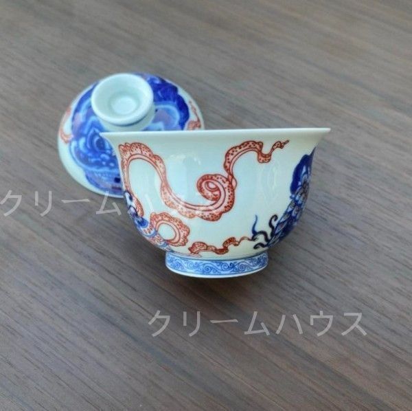 新品】景徳鎮七丞堂陶磁青花釉里紅双獅滾?球二才蓋碗 茶碗 煎茶