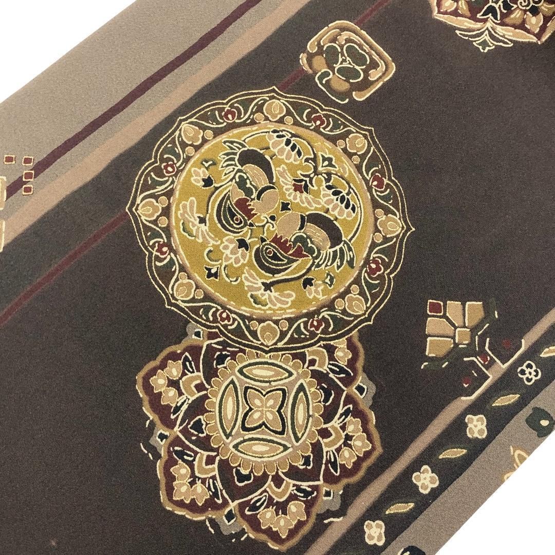 名古屋帯 華柄模様 鳥 茶色 縮緬 長尺 O-5518