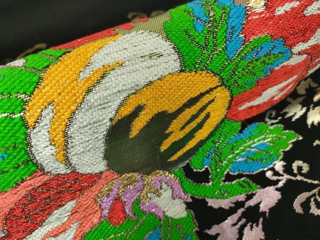 平和屋本店□極上 龍村美術織物 たつむら 九寸名古屋帯 仙桃果文 黒地