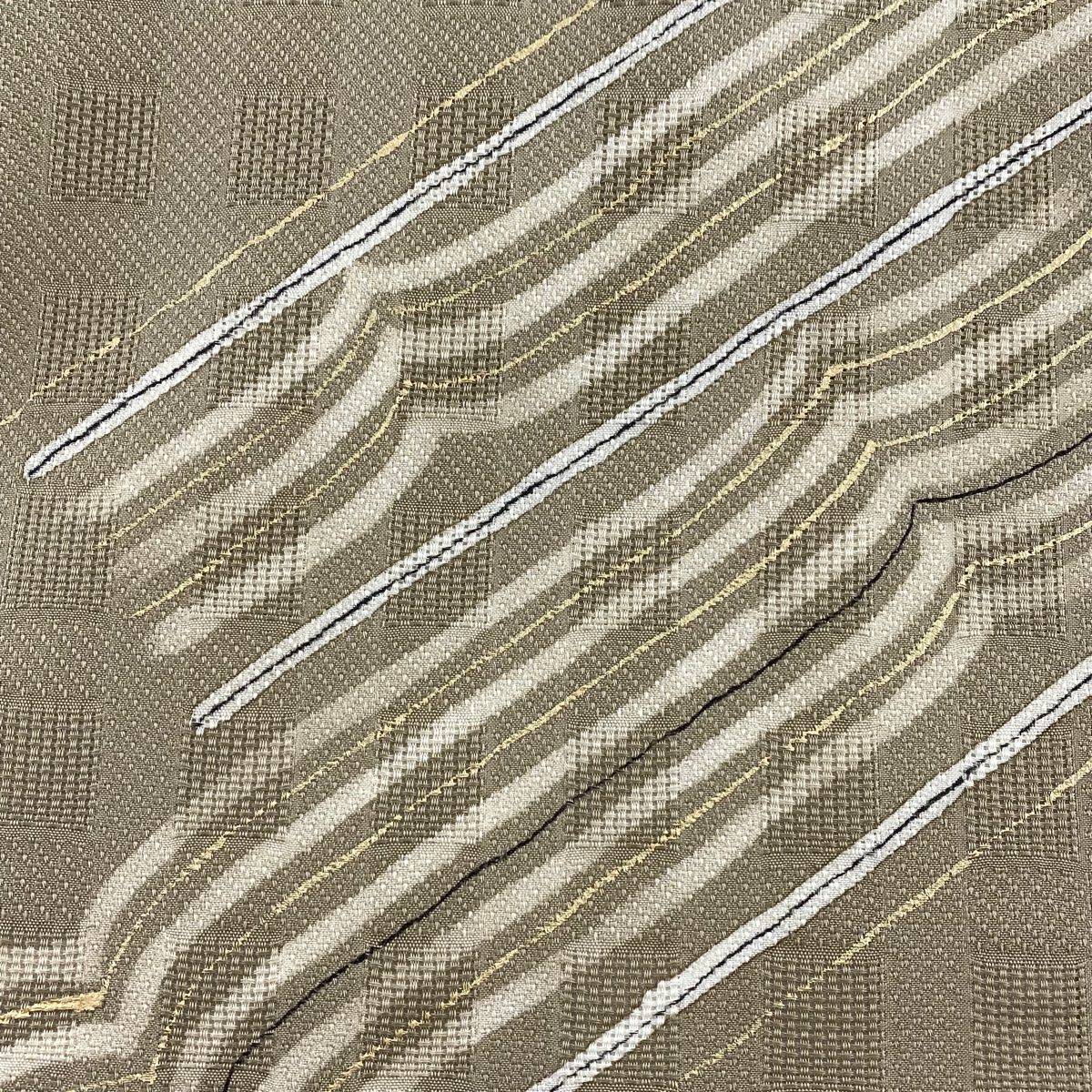 名古屋帯 秀品 斜縞 金彩 茶緑色 正絹