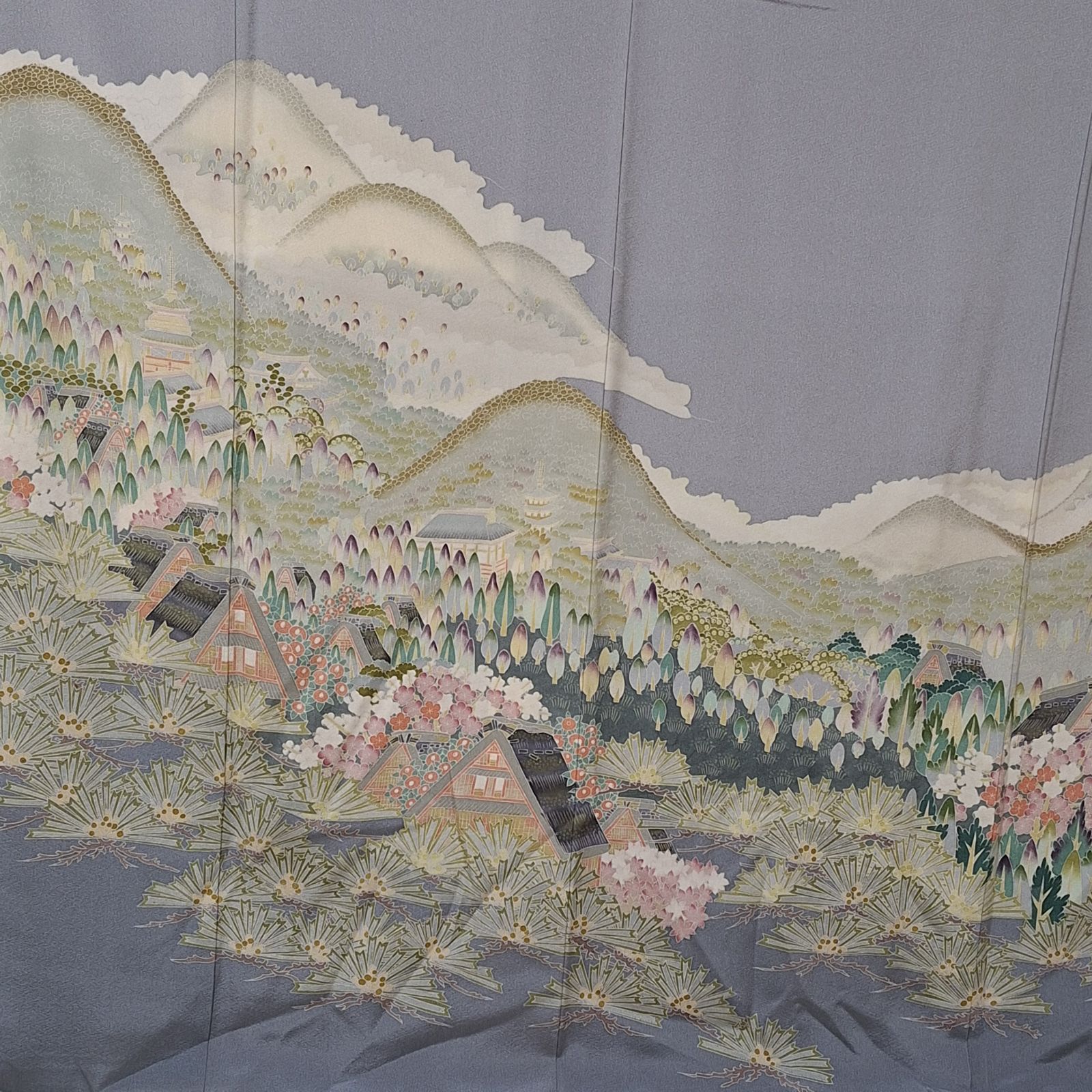 グレー地に山里の風景 ほ19E07