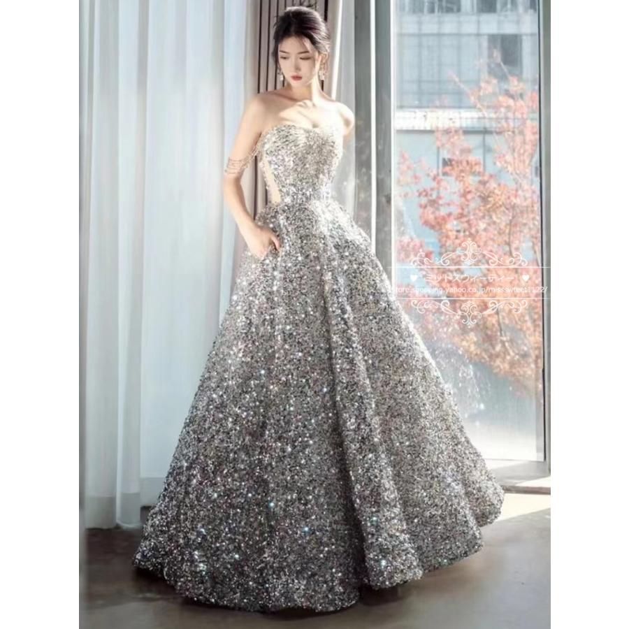 シルバー ストラップレス フレアドレス セルフポートレイト self-portrait ドッキングドレスワンピース