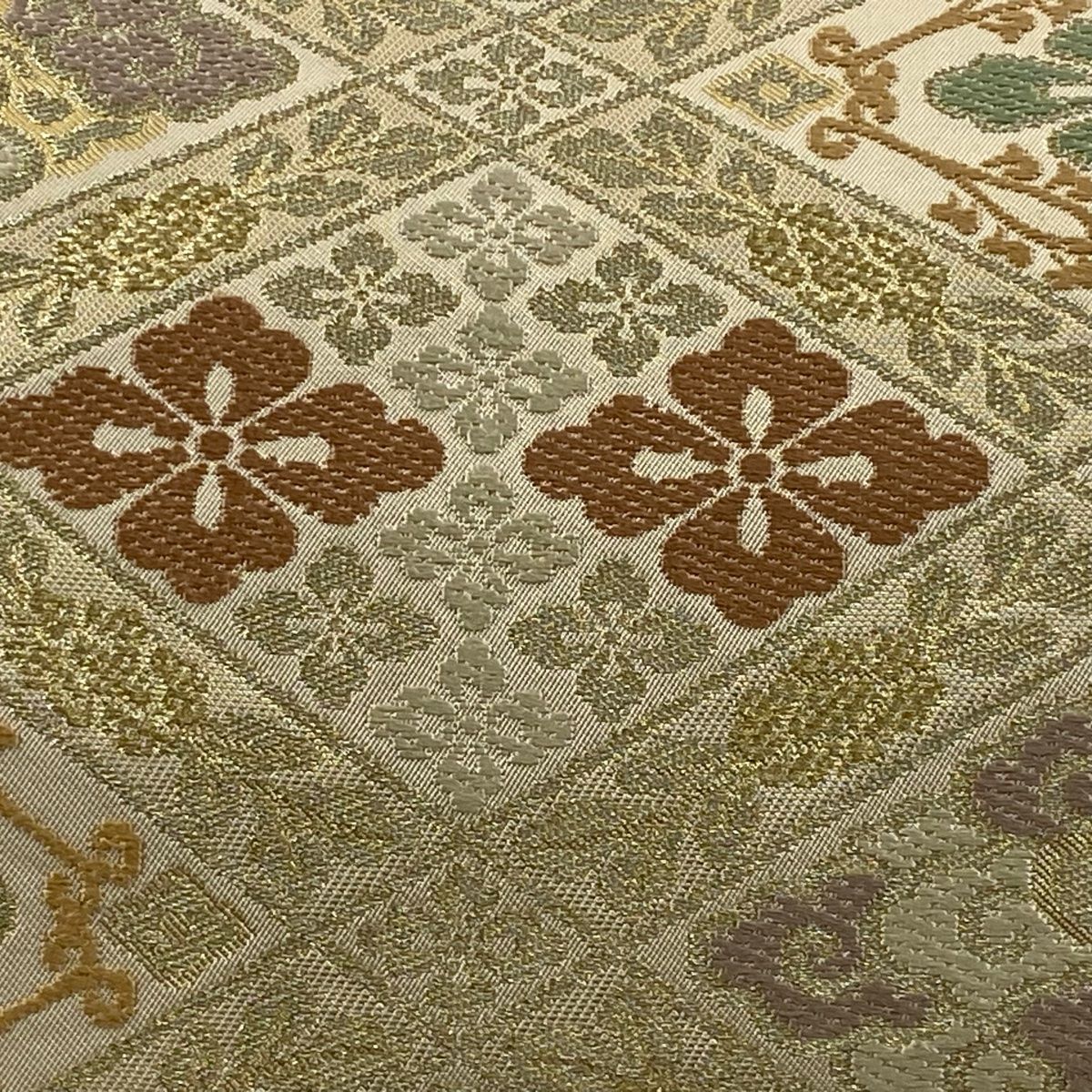 美品】 袋帯 逸品 川島織物 落款 花菱 草花 金糸 箔 金色 六通 正絹