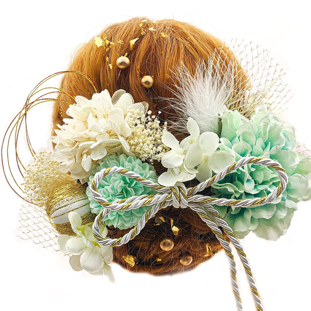 【新着商品】手作り 造花 和装 かすみ草 結婚式 専用ケース付き 袴 浴衣 七五三 卒業式 着物 振袖 あじさい ヘッドパーツ 水引 ゴールド 成人式 ヘアアクセサリー 赤 和玉 造花飾り ダリア 髪