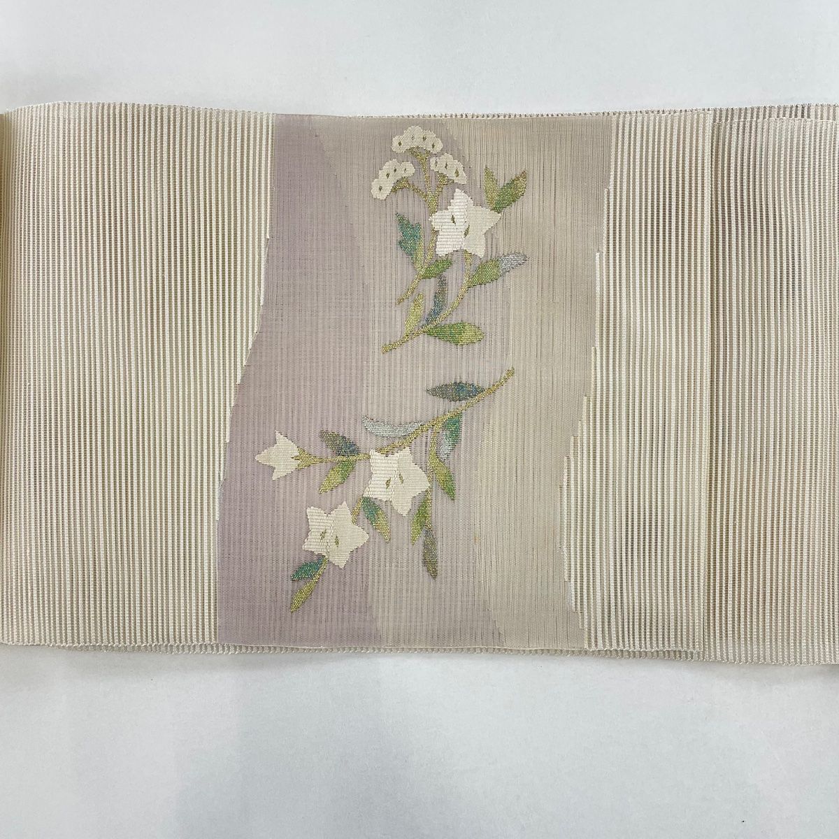 未使用　夏　名古屋帯　絽　作り帯　ベージュ生成　金銀青　シンプル 名古屋帯 秀品 夏帯 絽 八寸名古屋帯 秋草 流水 金銀糸 ベージュ
