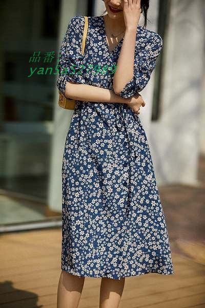 カシュクールプリントワンピース 5分袖 ウエストリボン ギャザースカート ネイビー花柄 ほっそり効果大通勤通学20代30代40代50代60代 yan5a527989