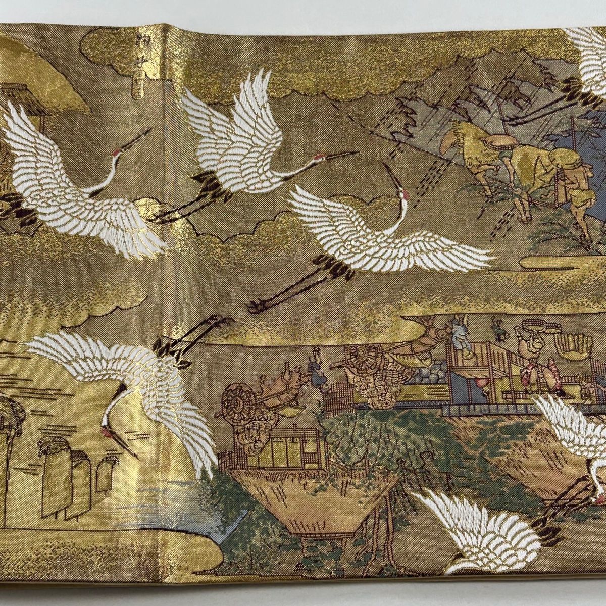 袋帯 美品 秀品 鶴 人物 銀糸 箔 金色 全通 正絹 【中古】 袋帯 美