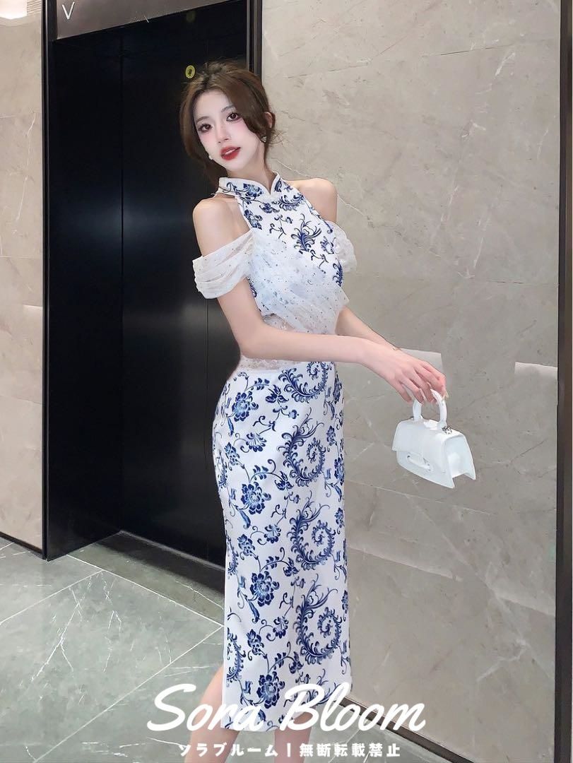 ドレス：チャイナ風×レース×花柄　タイト　パーティードレス　キャバドレスにも◎ ドレス：チャイナ風×レース×花柄 タイト パーティードレス
