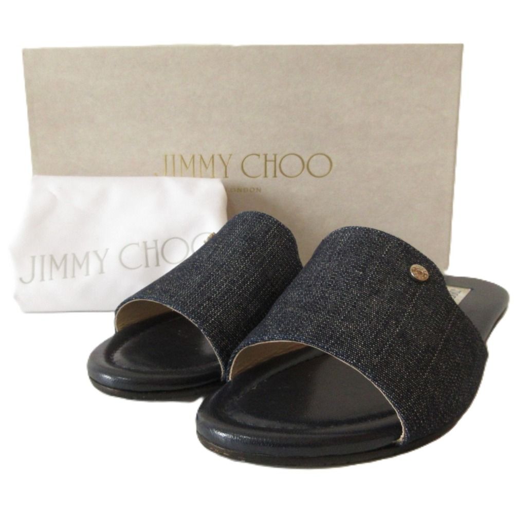 JIMMY CHOO ジミーチュウ NANDA デニム ロゴ金具 フラット ミュール サンダル サイズ37 約24cm インディゴブルー レディース 古着