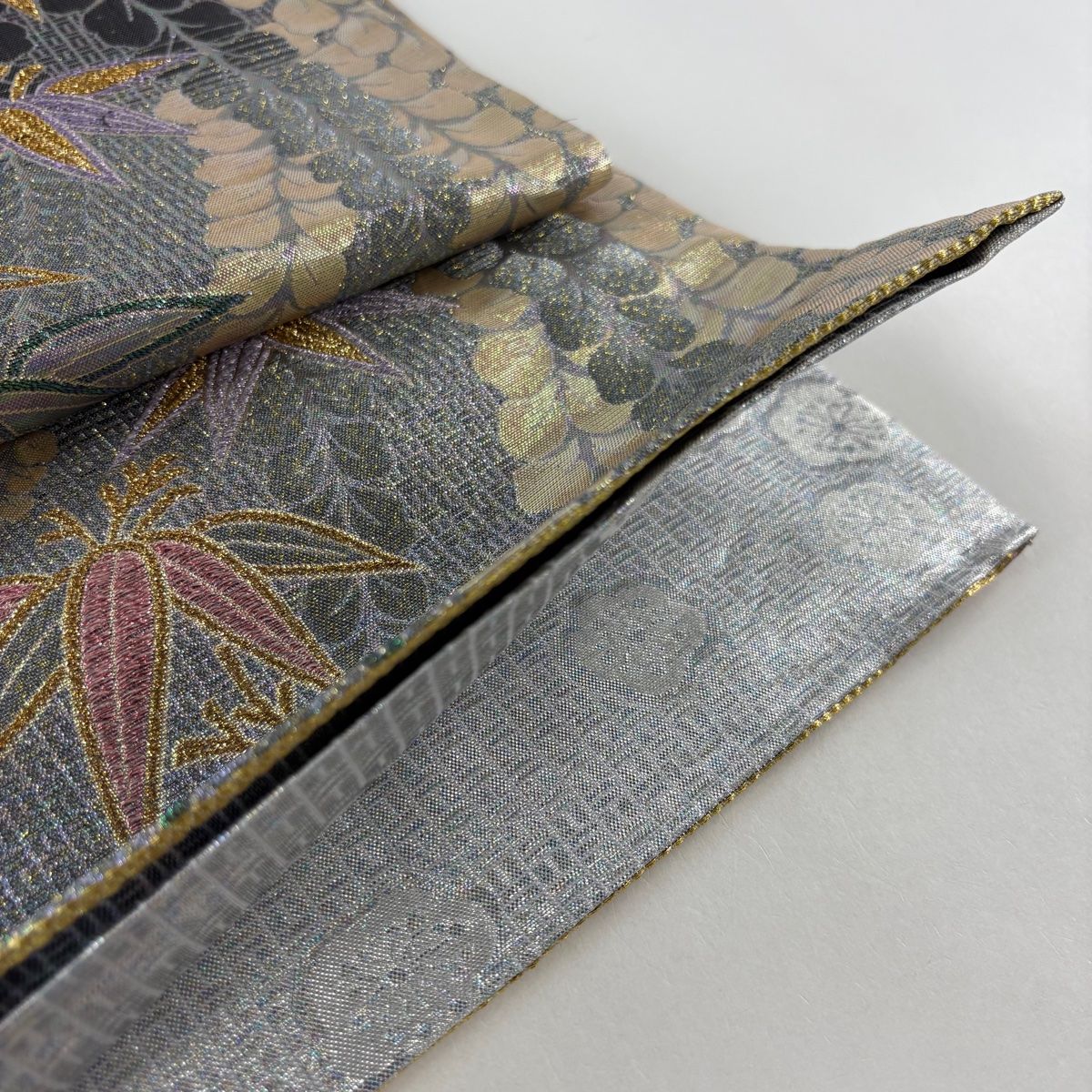 袋帯 秀品 振袖向き 笹 藤 ラメ箔 灰紫 六通 正絹 WWW_WOWDIGSITE_COM