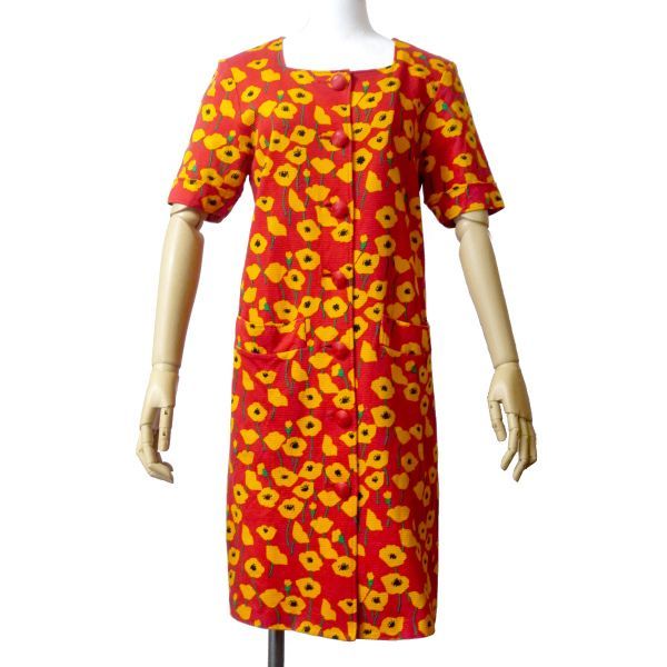 YVES SAINT LAURENT フラワー柄 半袖ワンピース（赤系） - メルカリ