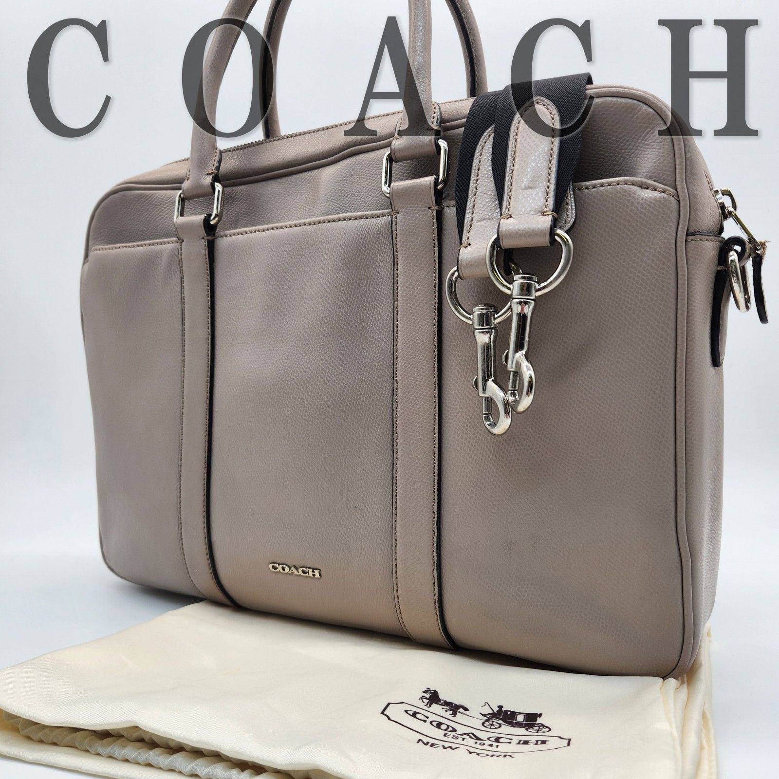 色 COACH コーチ ブリーフケース ビジネスバッグ 2way A4可 メンズ 鞄 男性用 グレージュ 保存袋付 F71681