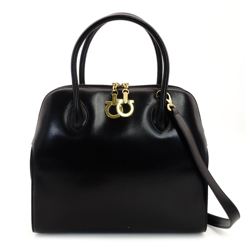 サルバトーレ フェラガモ Salvatore Ferragamo ガンチーニ ハンドバッグ レザー ブラック 2way ショルダー 黒 7-10-061