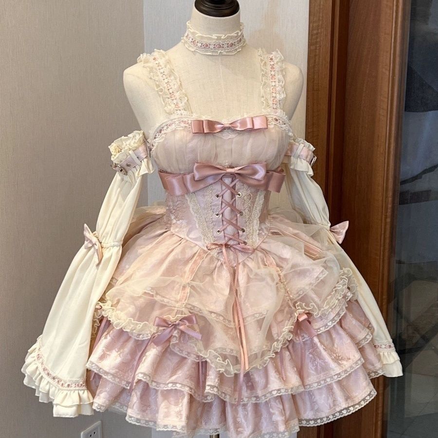 ロリータ ピンク|ブラック JSKドレスセット 甘ロリ スウィートバレエ風 ジュエリーネックレス付き 手袖 スカートサポート付き ワンピース 衣装 コスプレ衣装 ゴスロリ ロリータ
