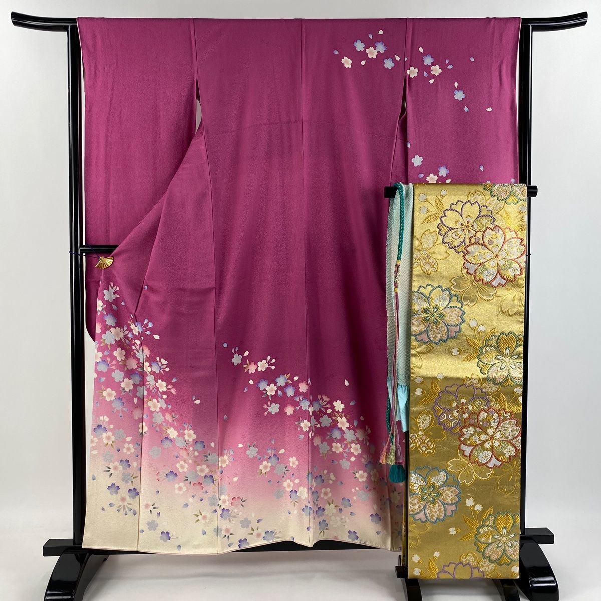 振袖フルセット 白・ピンク・紫　袷 乱 桜 箔 金彩 正絹 SOUBIEN 振袖セット 販売 ピンク 金色 ラメ 桜 菊 熨斗 金通し