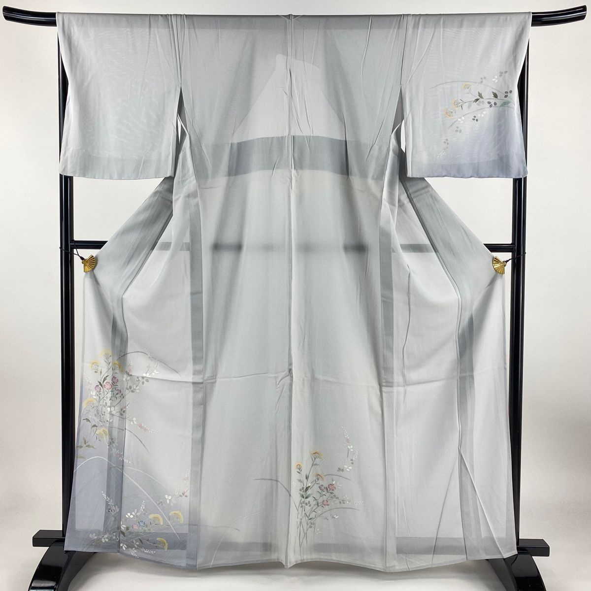 付下げ 身丈163cm 裄丈67cm M 薄物 絽 秋草 ぼかし 青灰色 正絹 秀品