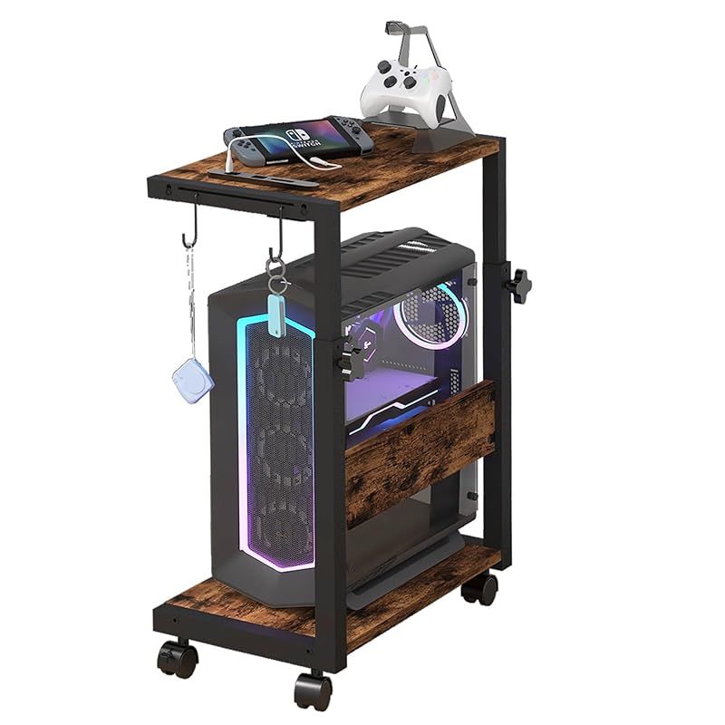 Druvia パソコンラック pcラック 昇降式 幅49×奥行29×高さ58.5～84cm コンセント付き キャスター付き 耐荷重は15kg 高さ調整 デスクサイド収納 LEDライト付き CPUワゴン 収納ラック コ字型ラック オフィス収納 1