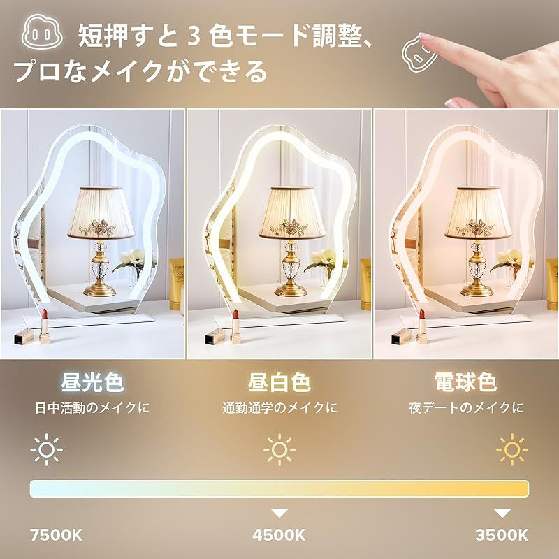 FENCHILIN 女優ミラー 鏡 卓上 壁掛け 2WAY ライト付き 化粧鏡 ハリウッドミラー 女優鏡 卓上鏡 壁掛けミラー led ミラー 三色照明モード 無段階調光 10倍拡大鏡付き くも型 44.7×54.6CM 0