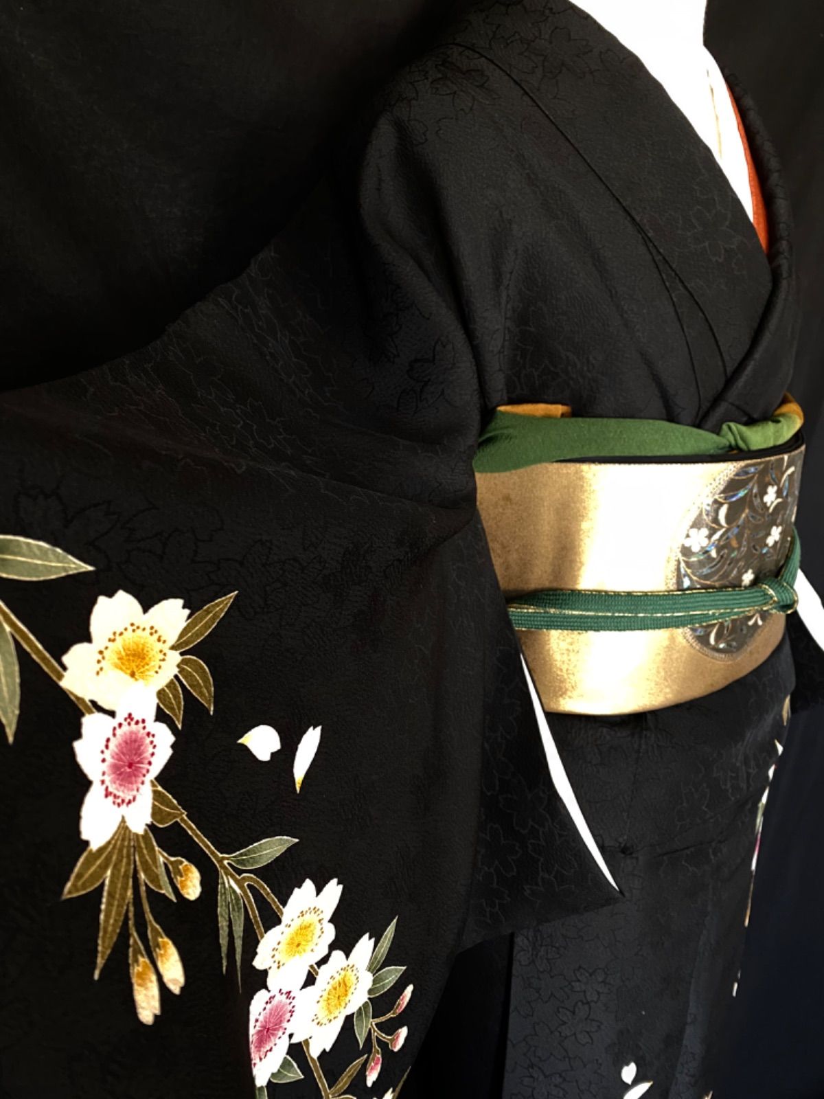 ⁡ 〈枝垂れ桜の訪問着〉秀品　SALE 黒　桜　トール　裄長め 枝垂れ桜の訪問着〉秀品SALE 黒桜トール裄長め