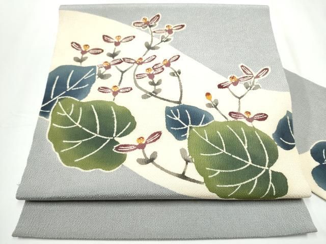 平和屋着物●九寸名古屋帯 型染め 草花文 鬼しぼ縮緬 正絹 CAAY2796hy