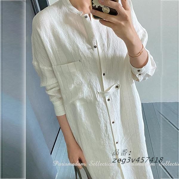 麻のシャツワンピース ロングシャツ ストライプ スタンド長袖 ほっそり効果大 20代30代40代50代60代 ミセス zeg3v457418