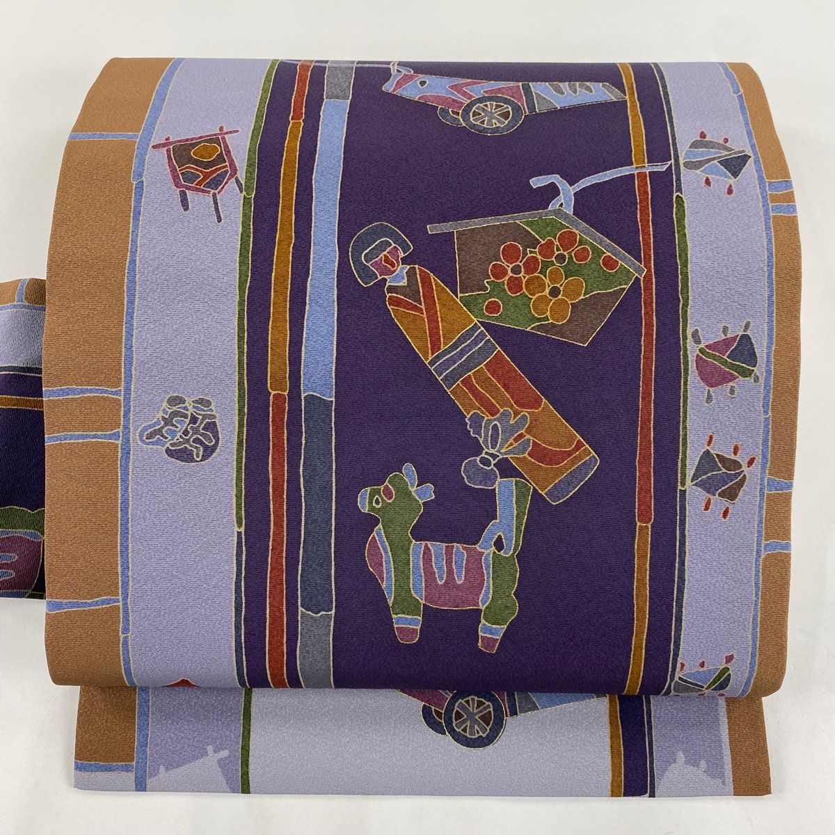 名古屋帯 美品 秀品 玩具 こけし 金彩 縮緬 紫 正絹 【中古】