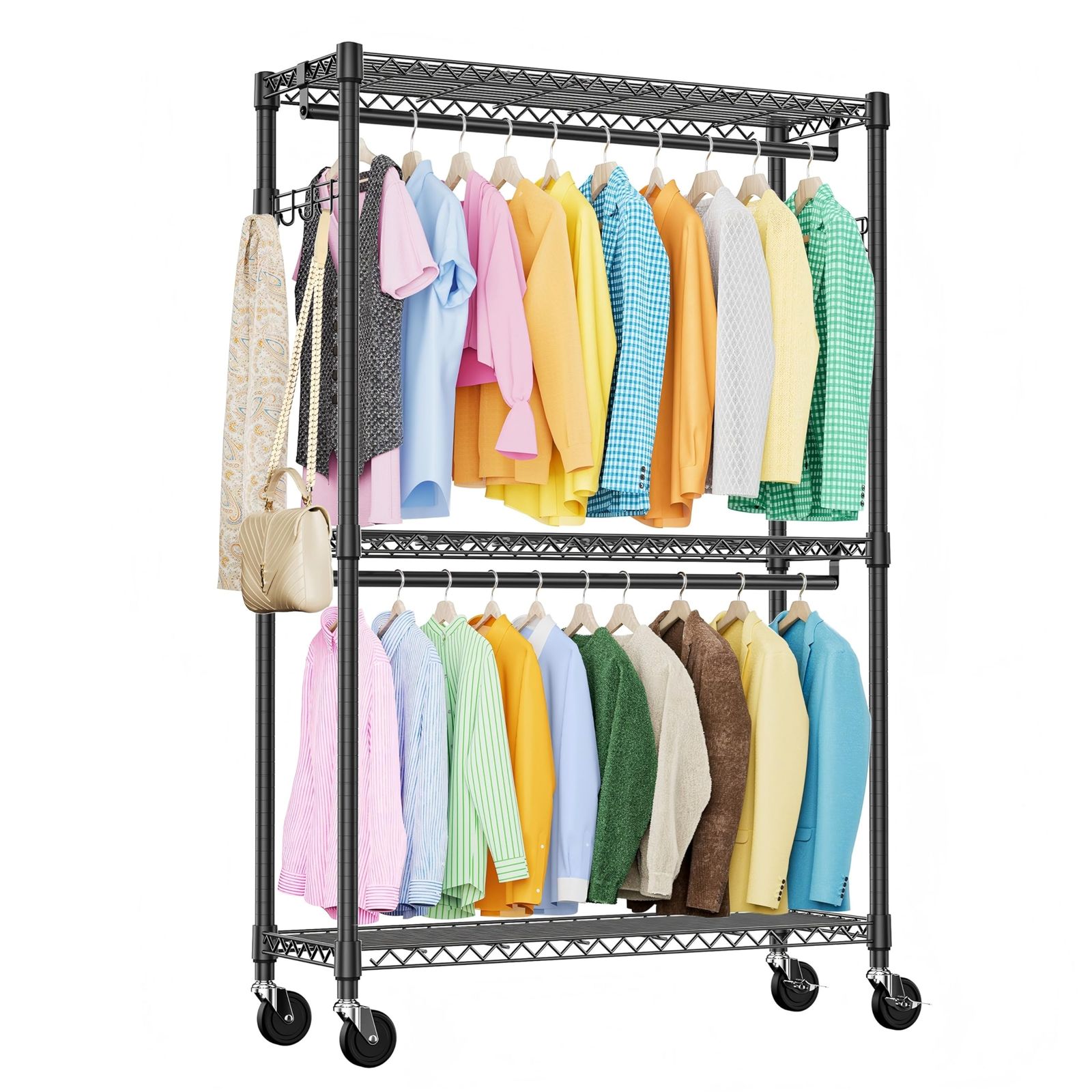 スチールラック　 ハンガー　 キャスター、安心な突っ張り棒付き スチールラック ハンガー キャスター、安心な突っ張り棒付き 新着商品