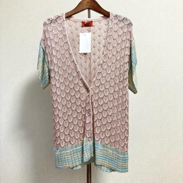 美品 M MISSONI かぎ編み カーディガン 七分袖 共布ベルト付き マルチ 美品 M MISSONI かぎ編み カーディガン 七分袖 共布ベルト付き