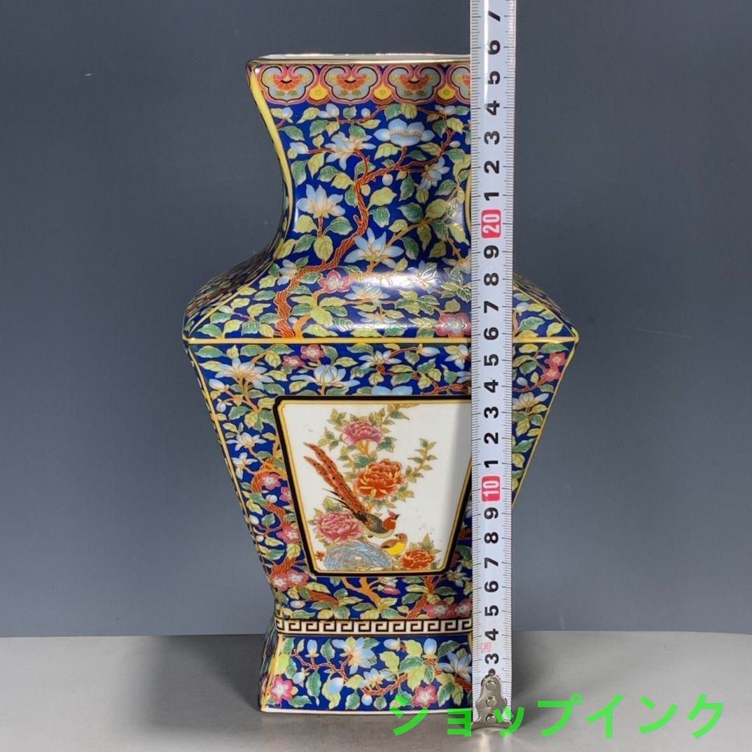 パステル琺瑯彩花鳥蒔絵四方尊瓶 景徳鎮 陶磁器 装飾品 現代工芸
