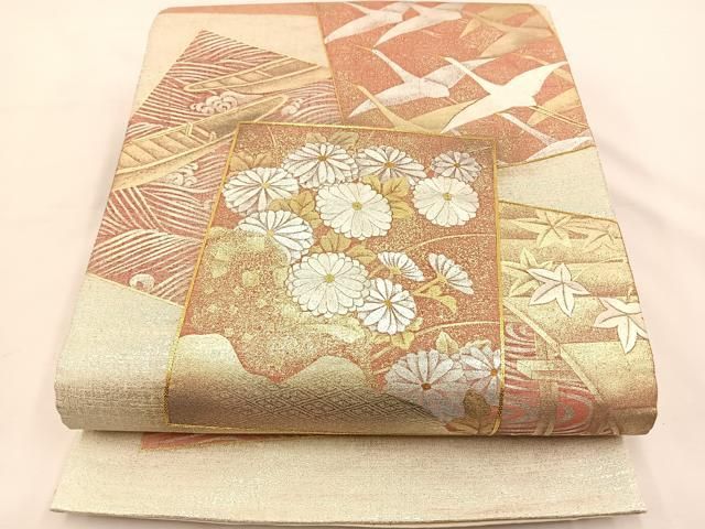 華 袋帯 お太鼓柄 千鳥 汕頭刺繍 山 鳥 グレー