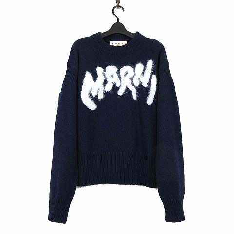 マルニ MARNI 2022AW ニット セーター シェットランドウール クルーネック ロゴ ニット GCMG0262Q0 UFH935 長袖 M 46 紺 ネイビー 白 国内正規品