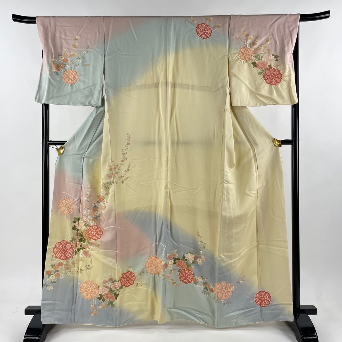 訪問着 身丈163.5cm 裄丈68cm L 袷 牡丹 秋草 金糸 絞り ピンク 正絹 秀品
