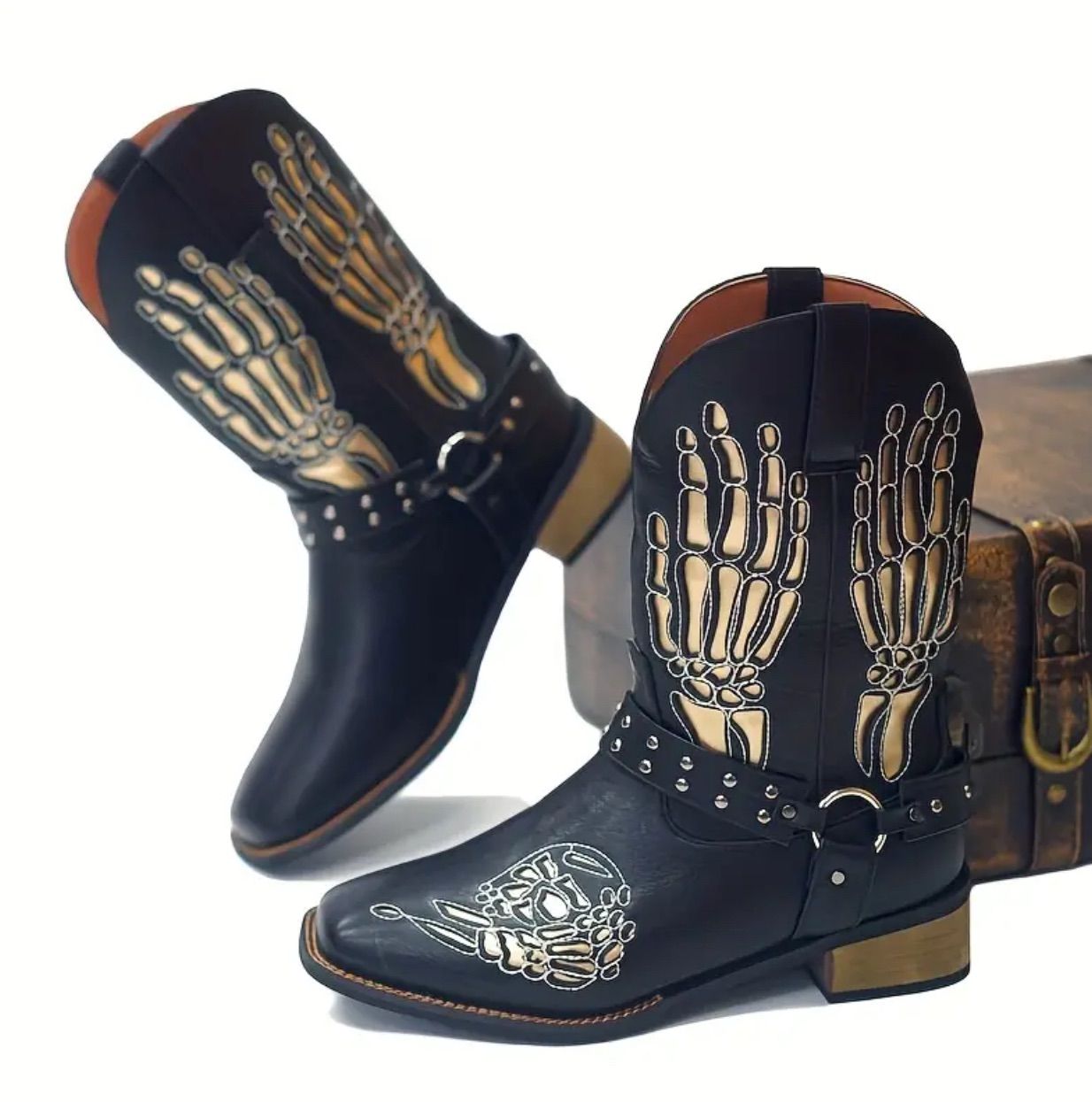 ウェスタンブーツ ロングブーツ レザーブーツ 骸骨柄 髑髏 スカル ブラック ヴィンテージ メンズ レディース アメカジ おしゃれ ジョッキーブーツ ショートブーツ 靴 シューズ カジュアル ローヒール 太ヒール プレゼント